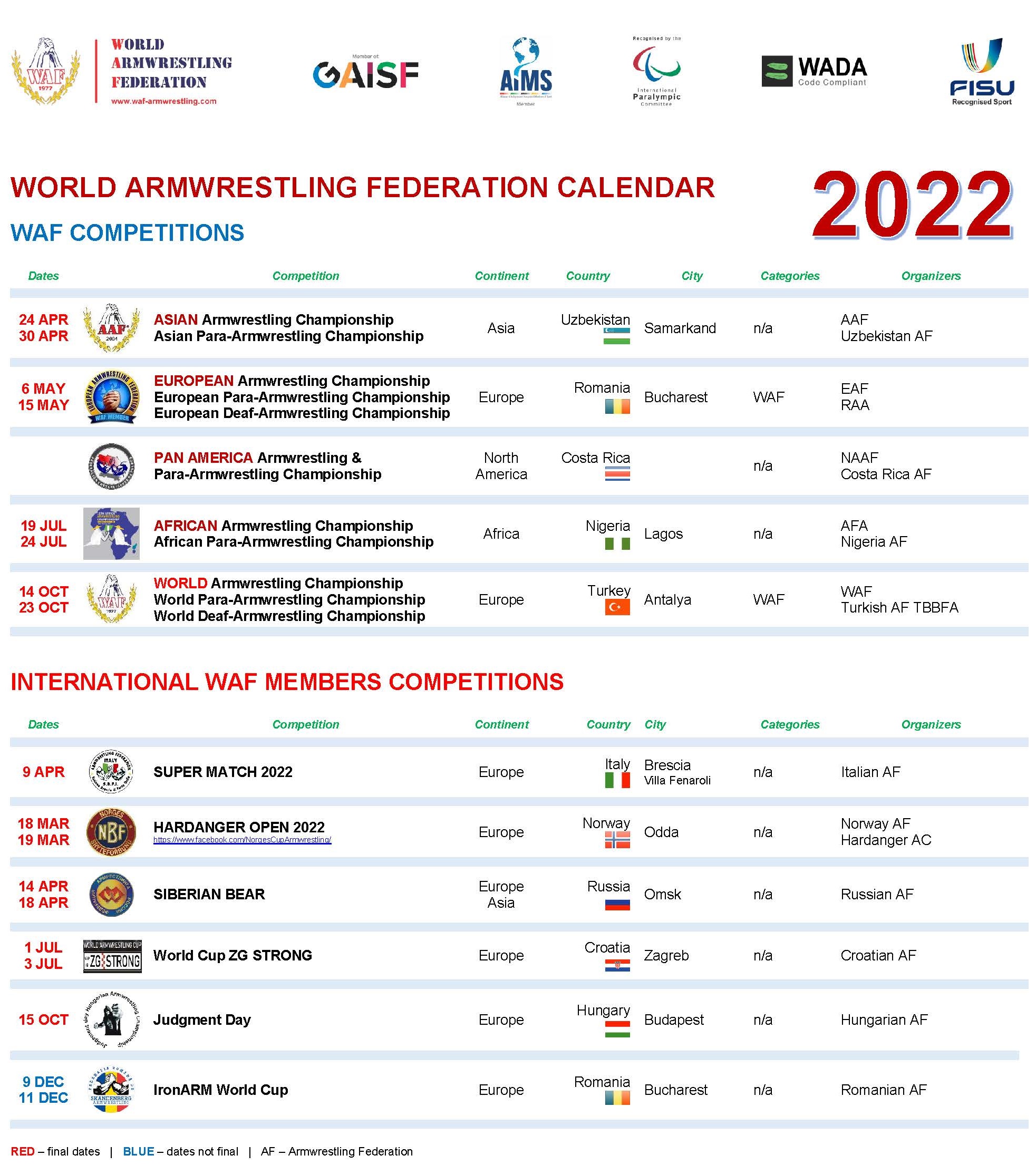 WAF CALENDAR International 2022
