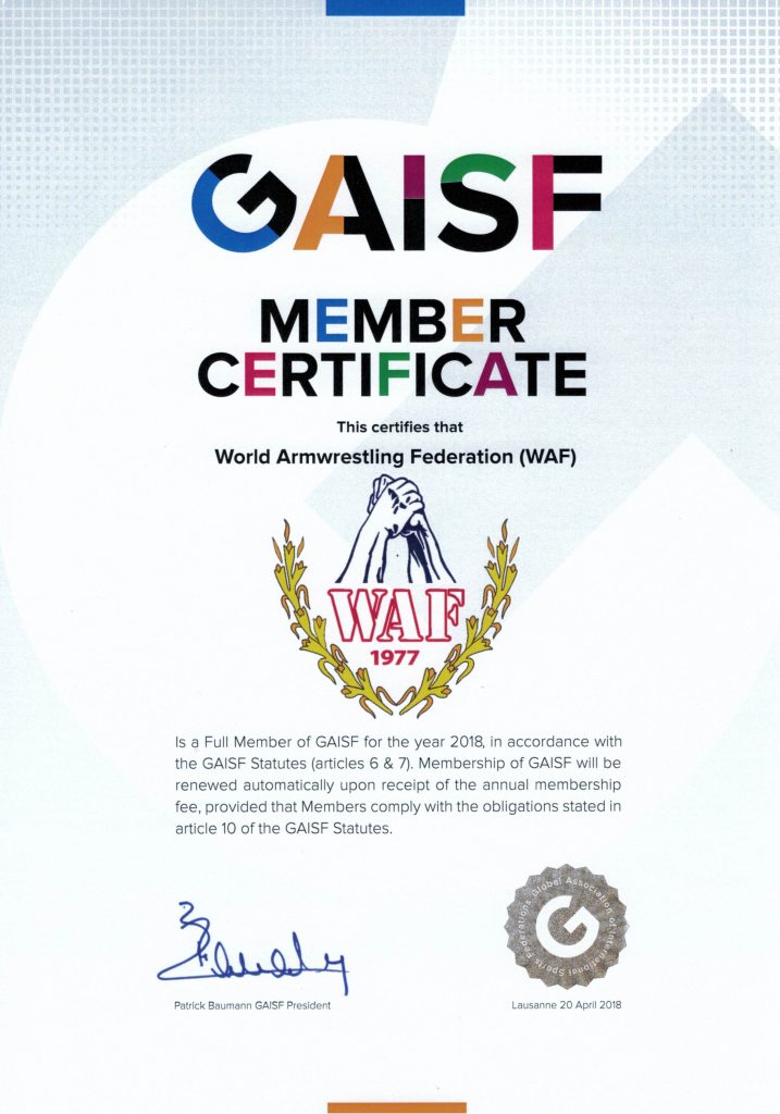GAISF SportAccord Member Certificate